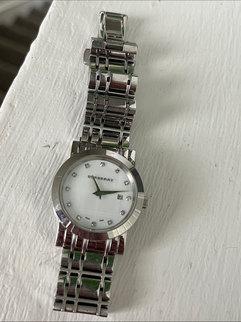 Burberry Silver Stainless Steel Watch with White Dial and Crystal Markers